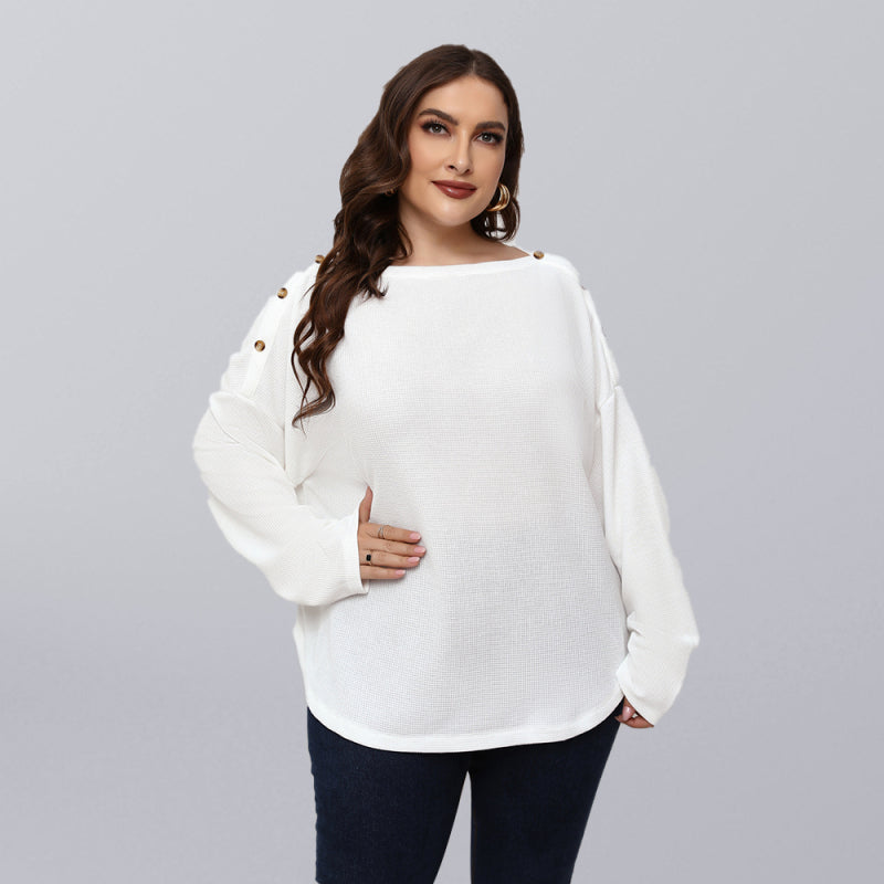Plus Size Button Shoulder Knit Top Women Casual Long Sleeve Blouse White