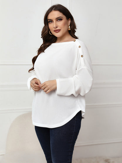 Plus Size Button Shoulder Knit Top Women Casual Long Sleeve Blouse