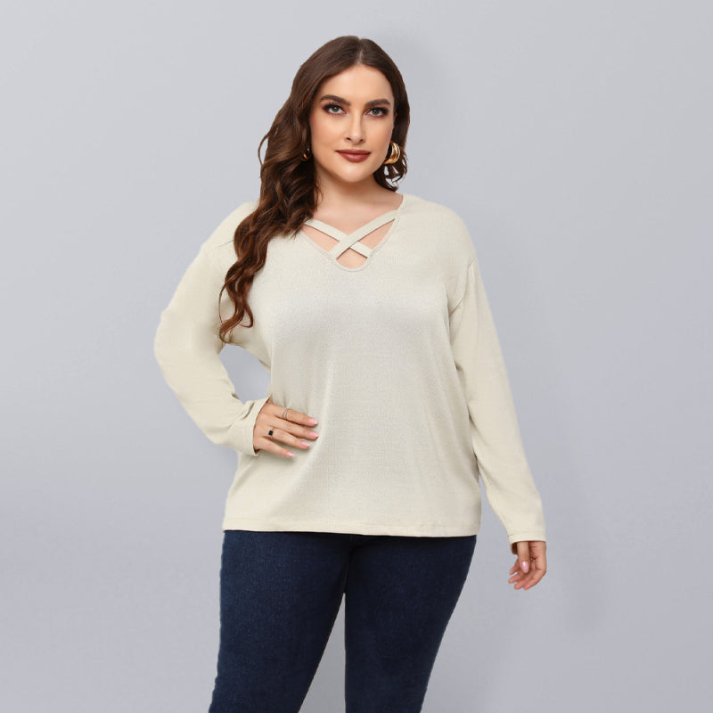 Women Plus Size Crisscross V-Neck Top Cracker khaki