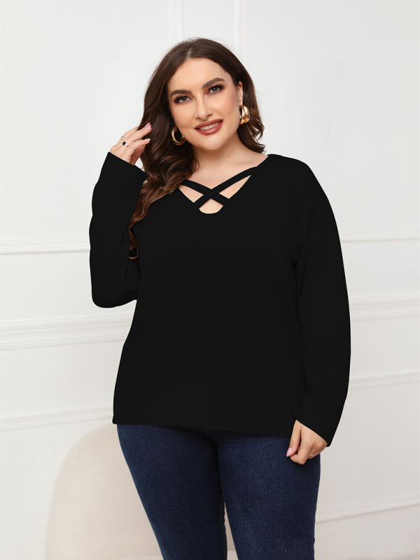 Women Plus Size Crisscross V-Neck Top Black
