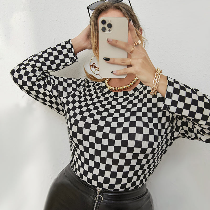 Plus Size Women's Knitted Skinny Checkerboard Round Neck Long Sleeve T-Shirt Black