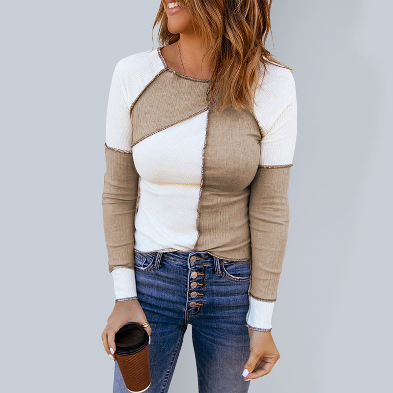 Women's Knitted Long Sleeve Round Neck Contrast Color T-Shirt White