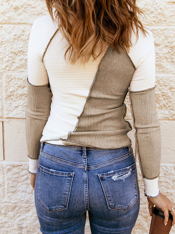 Women's Knitted Long Sleeve Round Neck Contrast Color T-Shirt