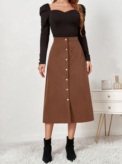 Corduroy Skirt Women Single Breasted High Waisted Mini Brown