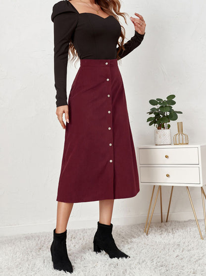 Corduroy Skirt Women Single Breasted High Waisted Mini Wine Red