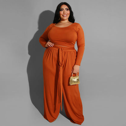 Women's plus size solid color knitted casual two-piece set Orange