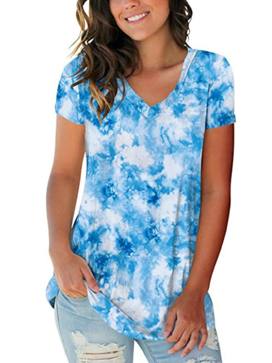 Tie Dye V-Neck Short Sleeve T-Shirt Polyester Women's Pullover Printing 1