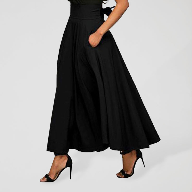Solid Color Strap Skirt Women High Waist Midi Length Pockets Black