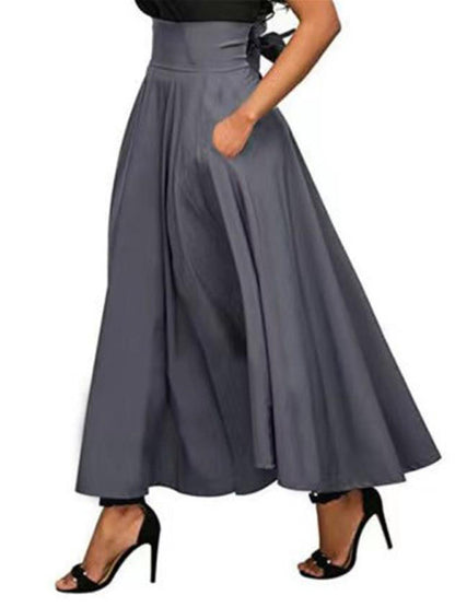 Solid Color Strap Skirt Women High Waist Midi Length Pockets