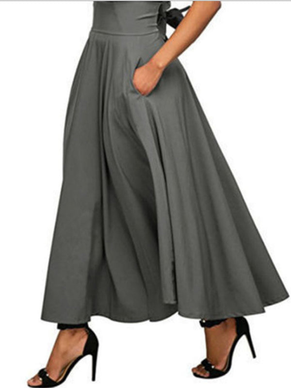 Solid Color Strap Skirt Women High Waist Midi Length Pockets Misty grey