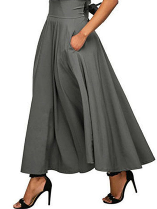 Solid Color Strap Skirt Women High Waist Midi Length Pockets