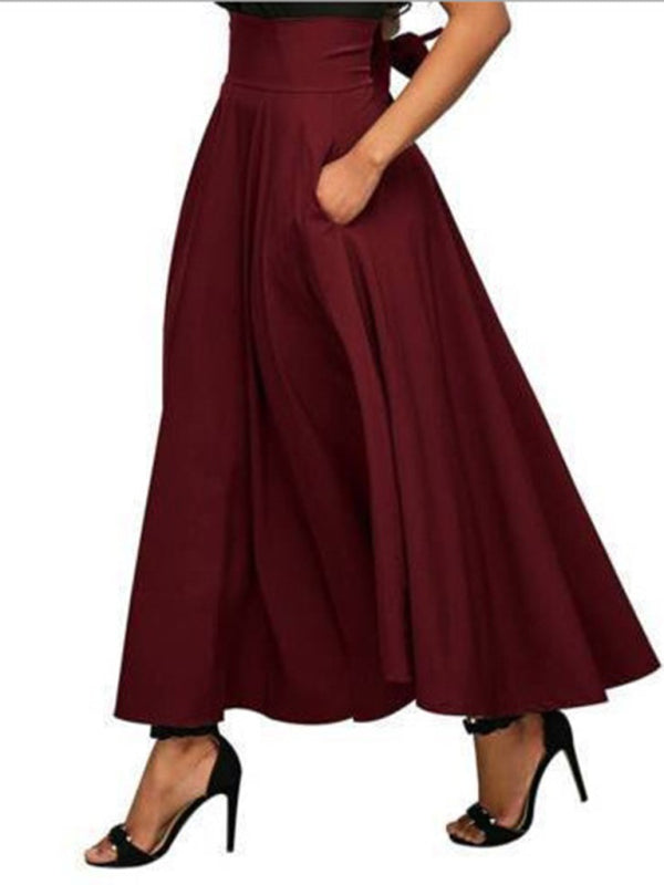 Solid Color Strap Skirt Women High Waist Midi Length Pockets Wine Red