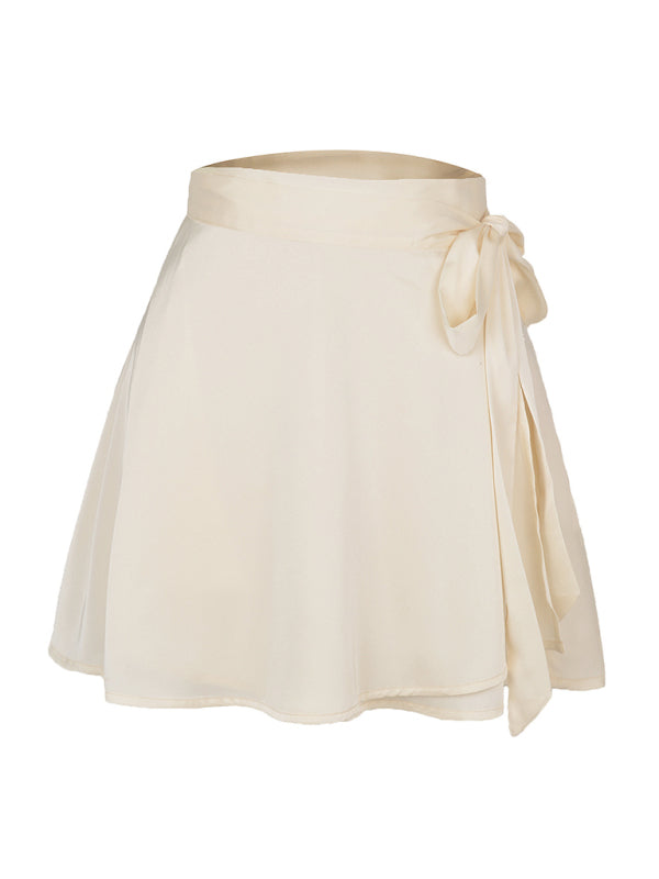 High Waist Wrap Skirt Women Tie Chiffon Satin Mini Skirt