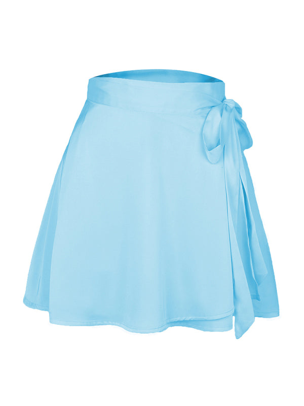 High Waist Wrap Skirt Women Tie Chiffon Satin Mini Skirt