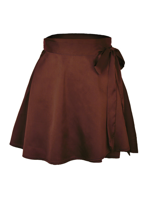 High Waist Wrap Skirt Women Tie Chiffon Satin Mini Skirt