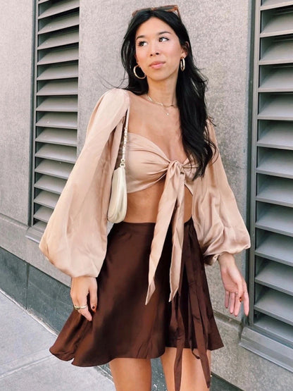 High Waist Wrap Skirt Women Tie Chiffon Satin Mini Skirt