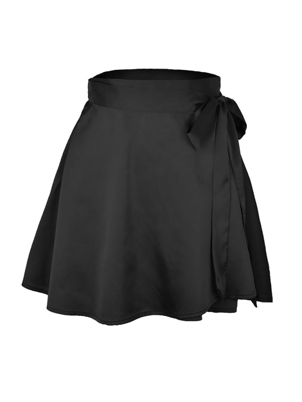 High Waist Wrap Skirt Women Tie Chiffon Satin Mini Skirt