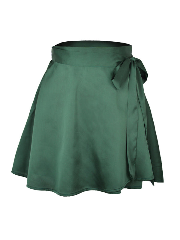 High Waist Wrap Skirt Women Tie Chiffon Satin Mini Skirt