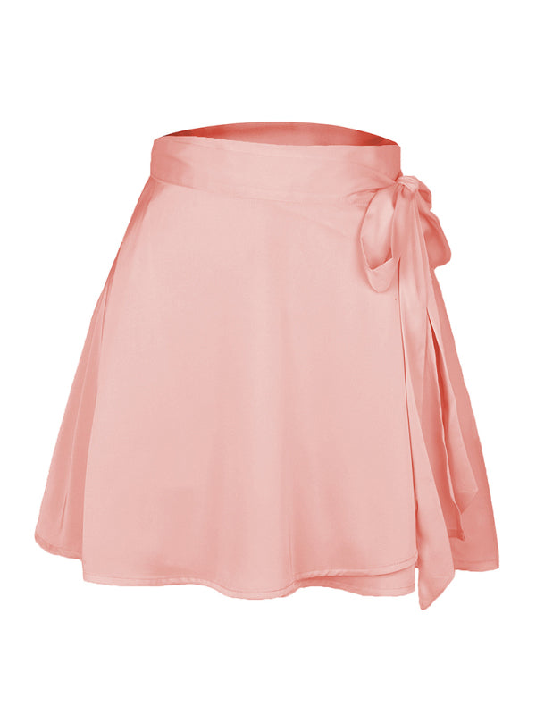 High Waist Wrap Skirt Women Tie Chiffon Satin Mini Skirt