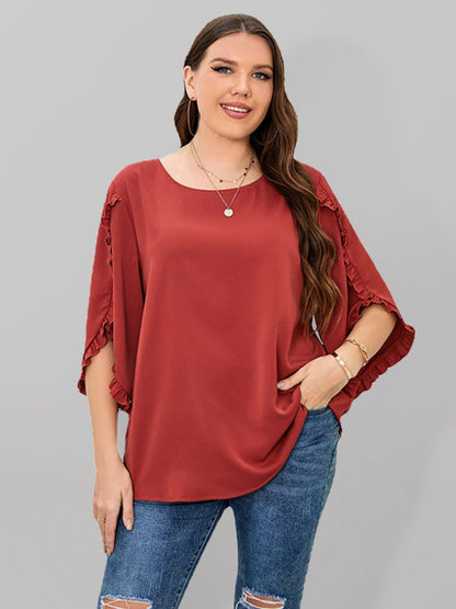 Plus Size Ladies Shirt Red Half Sleeve Loose Top Red
