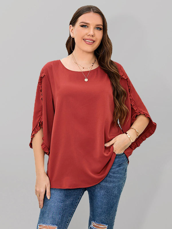 Plus Size Ladies Shirt Red Half Sleeve Loose Top Red