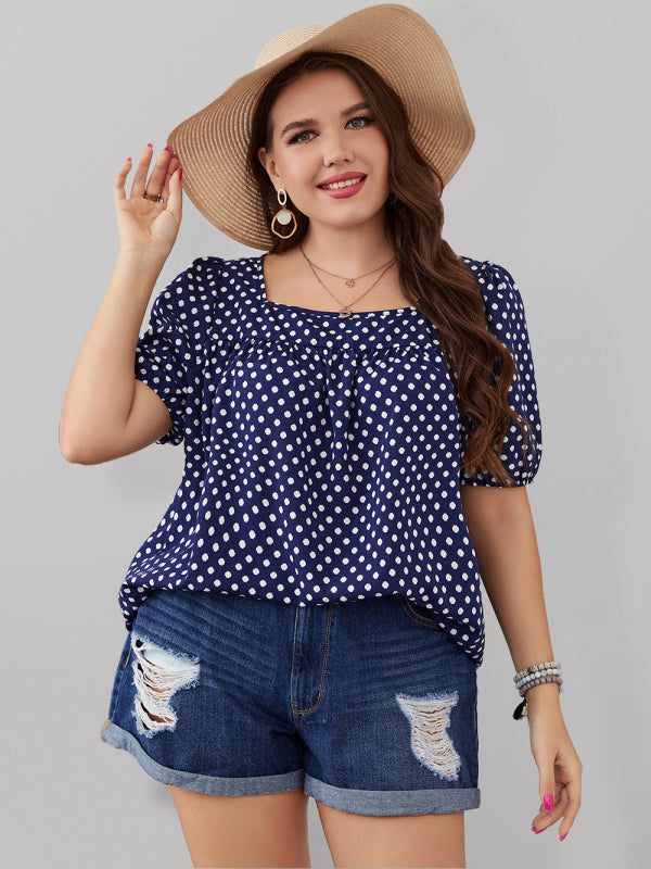 Large size women's chiffon short woven round neck plaid temperament commuter polka dot shirt Blue