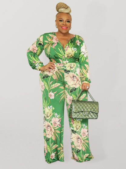 Large size fresh and sweet women's jumpsuit with belt Green