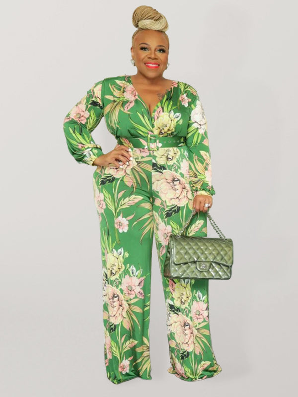 Large size fresh and sweet women's jumpsuit with belt Green