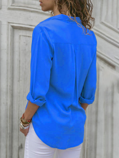 Chic Lapel Collar Blouse Women Deep V Neck Long Sleeve