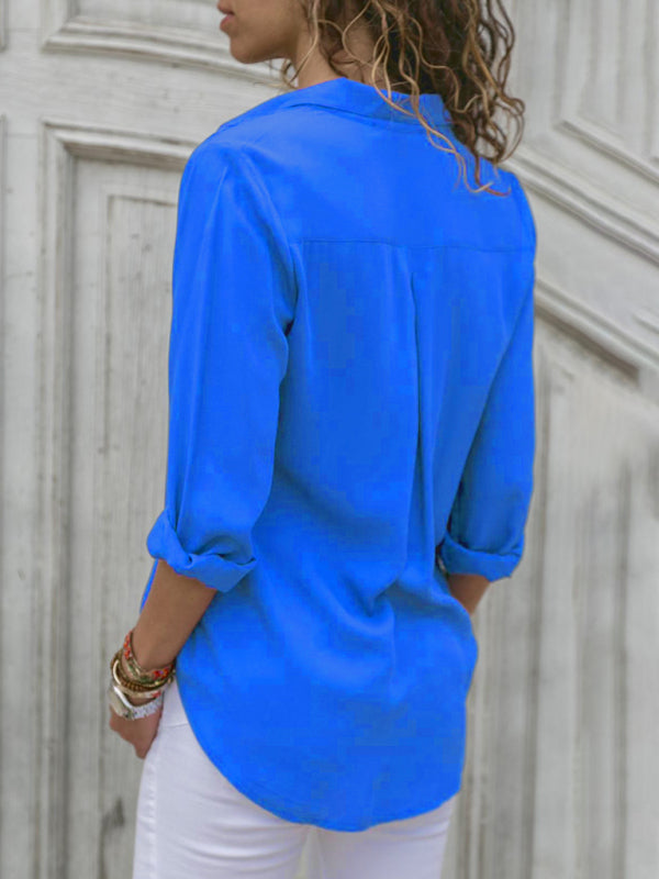 Chic Lapel Collar Blouse Women Deep V Neck Long Sleeve