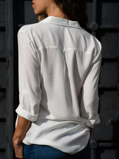Chic Lapel Collar Blouse Women Deep V Neck Long Sleeve White