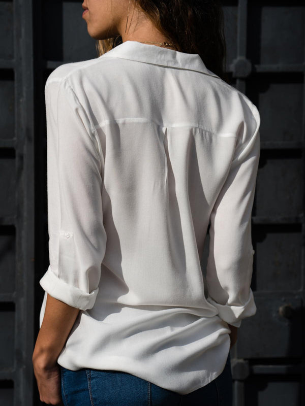 Chic Lapel Collar Blouse Women Deep V Neck Long Sleeve White