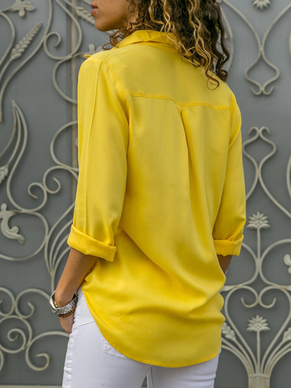 Chic Lapel Collar Blouse Women Deep V Neck Long Sleeve Yellow
