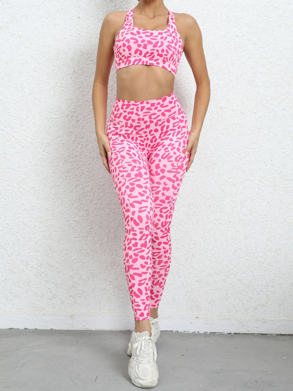 Women's Leopard Print Athletic Set - High-Waist Hip-Lift Sports Suit Rose