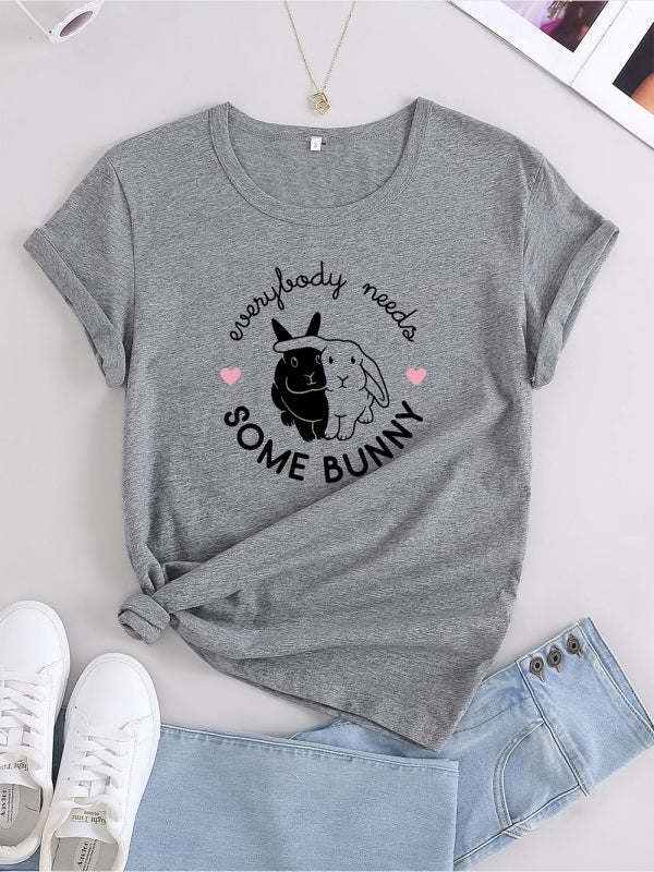 Bunny Print Casual Round Neck T-Shirt Grey