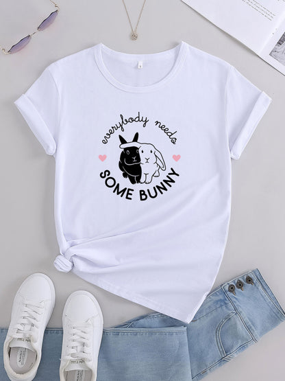 Bunny Print Casual Round Neck T-Shirt White