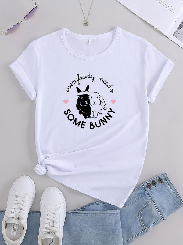 Bunny Print Casual Round Neck T-Shirt White