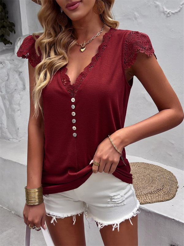 Modern Flying Sleeve V-Neck Knitted Sweater Top Wine Red