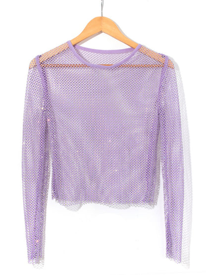Mesh flash diamond long-sleeved top female sexy nightclub hot girl fishnet T-shirt Purple FREESIZE