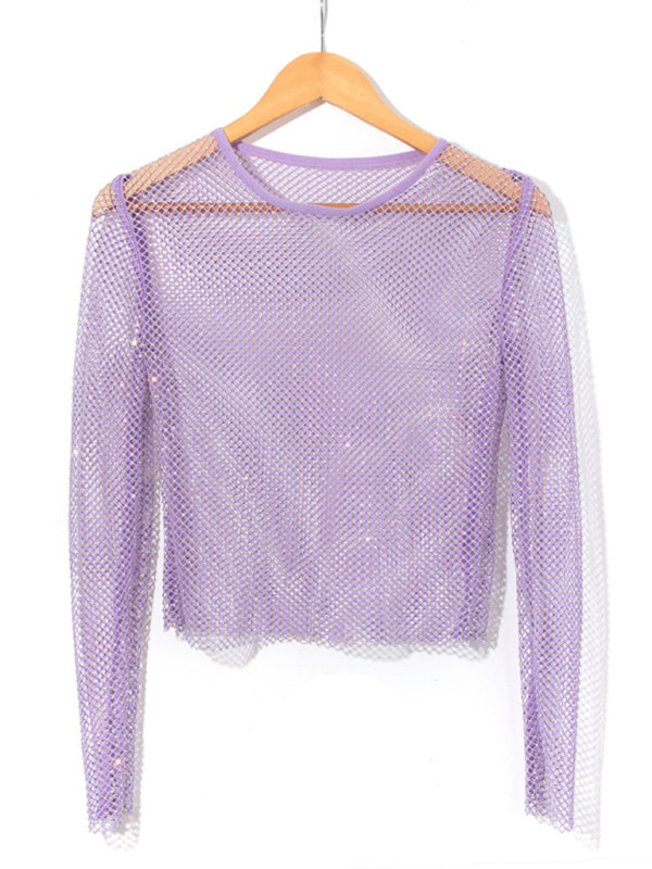 Mesh flash diamond long-sleeved top female sexy nightclub hot girl fishnet T-shirt Purple FREESIZE