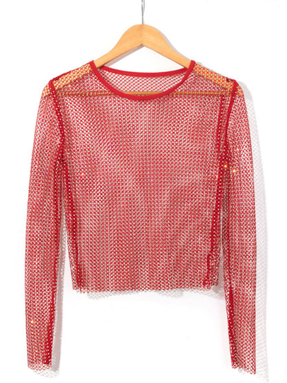 Mesh flash diamond long-sleeved top female sexy nightclub hot girl fishnet T-shirt Red FREESIZE