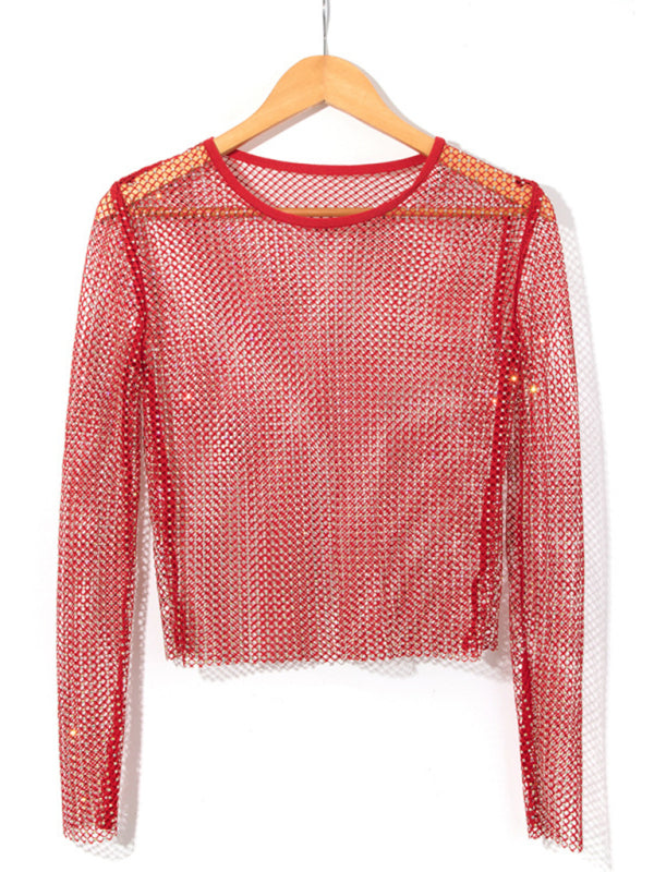 Mesh flash diamond long-sleeved top female sexy nightclub hot girl fishnet T-shirt Red FREESIZE