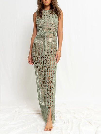 Women's Bikini Top Hollow Lace Tassel Swimsuit Coat Beach Long Dress Green