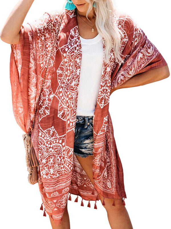 Bohemian Print Tassel Swimwear Cover-Up Brown F