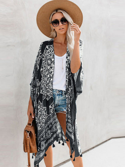Bohemian Print Tassel Swimwear Cover-Up Black F