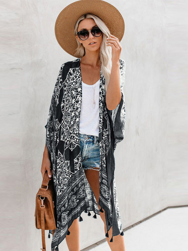Bohemian Print Tassel Swimwear Cover-Up Black F