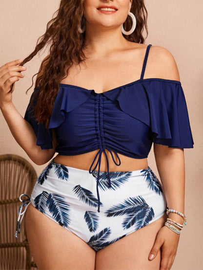 Plus Size Women-Drawstring Ruffle Bikini One Shoulder Strap High Waist Swimsuit Set Pattern