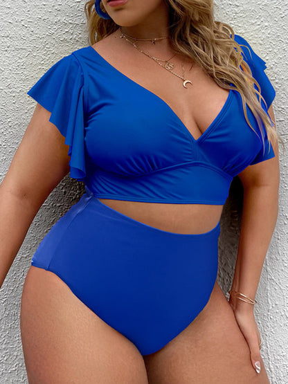 Plus Size Women-Falbala V-Neck Bikini Set Blue