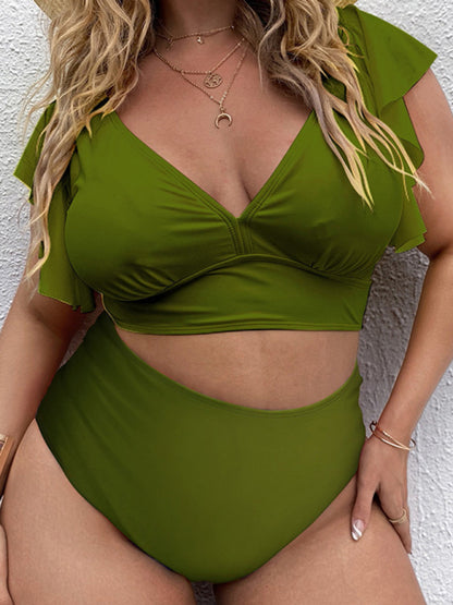 Plus Size Women-Falbala V-Neck Bikini Set Green