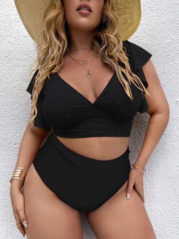 Plus Size Women-Falbala V-Neck Bikini Set Pitch-black